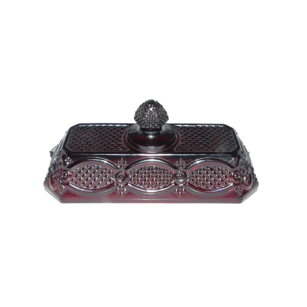 Vintage Avon Cape Cod Ruby Red Glass Butter Dish Lid Rectangular Knob MCM Retro - Picture 4 of 9